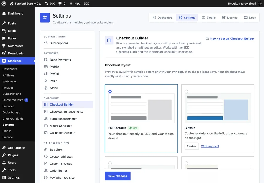 The Checkout Builder in Stackless for EDD with layout choices and colors