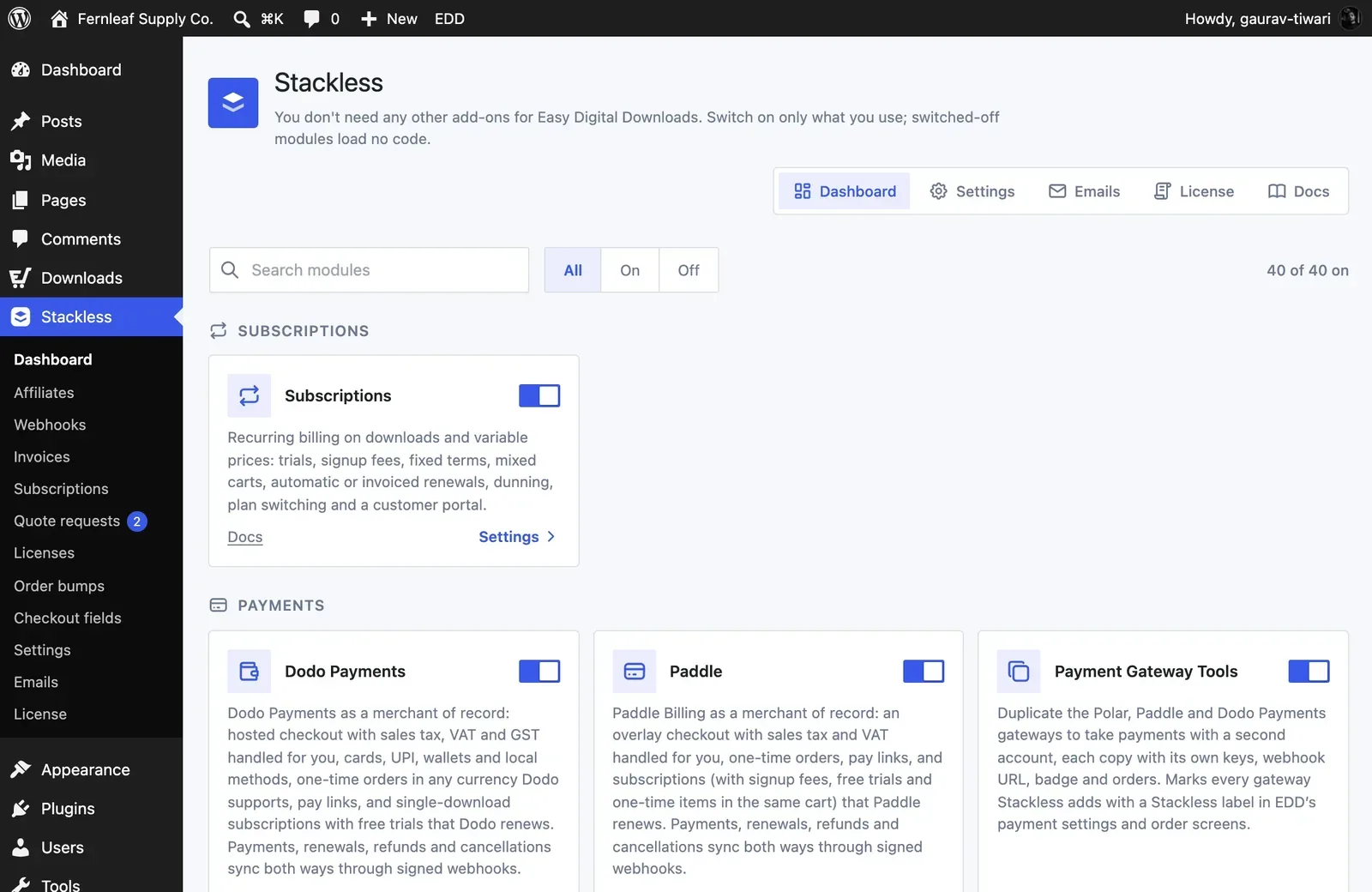 The Stackless for EDD dashboard with 40 of 40 modules on, showing Subscriptions, Dodo Payments, Paddle and Payment Gateway Tools