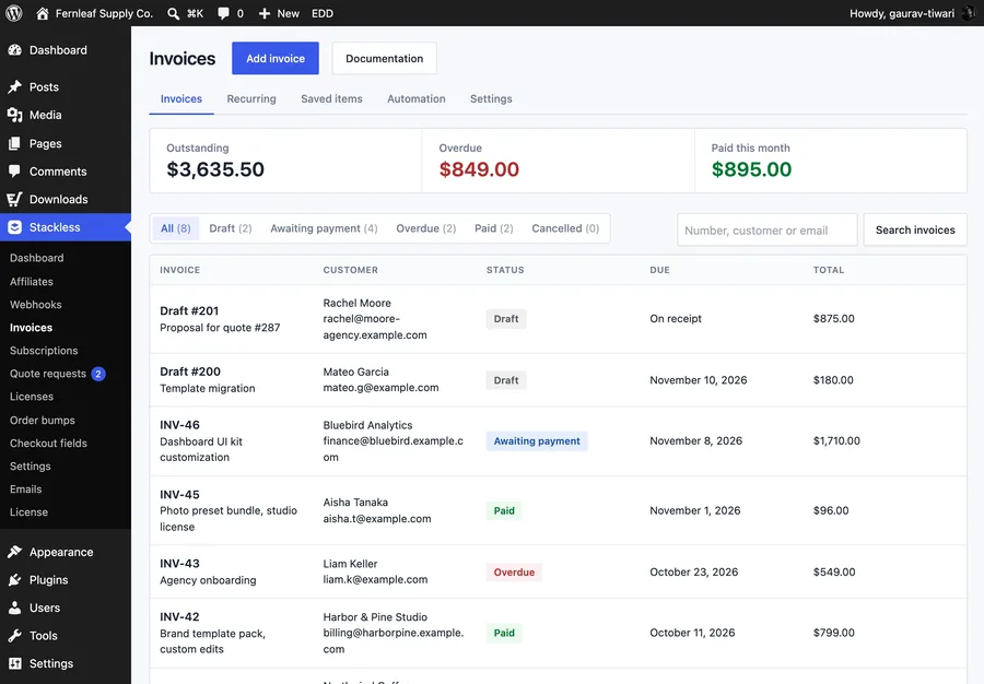 The Invoices list in Stackless for EDD