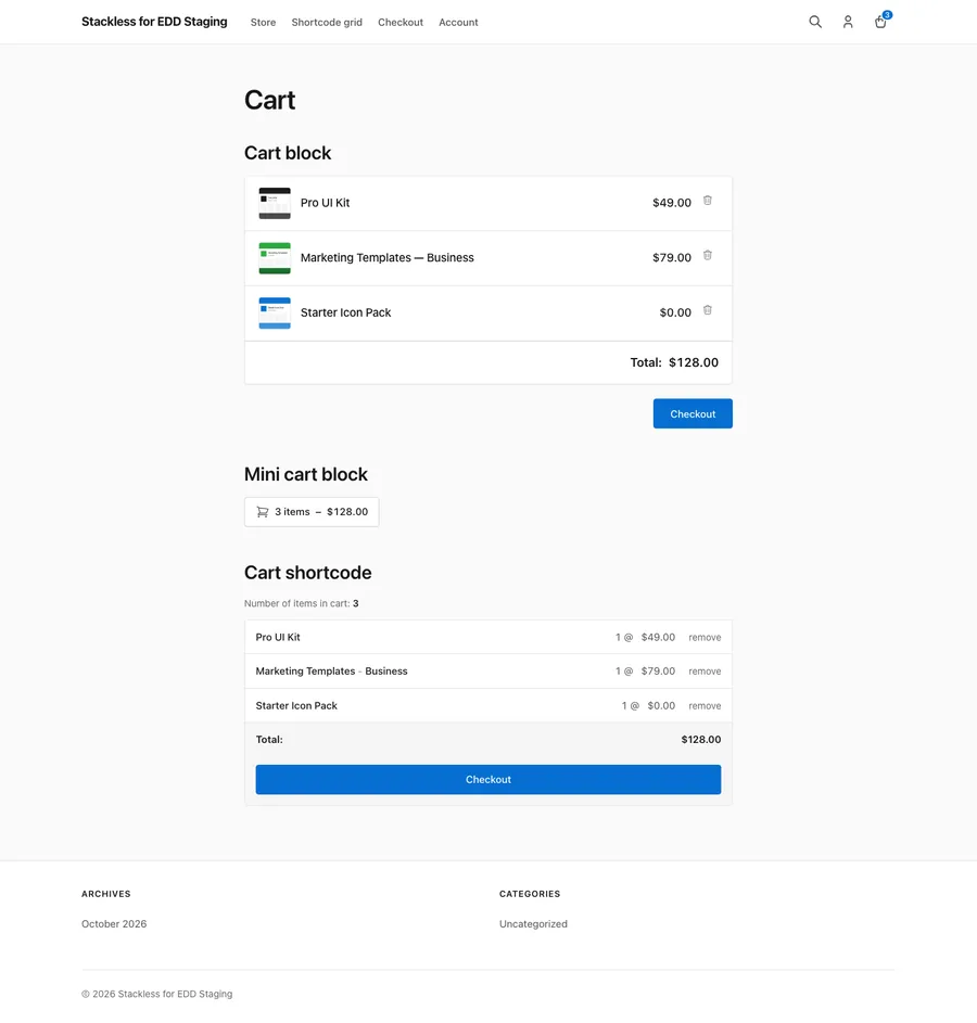 The Stackless theme cart page