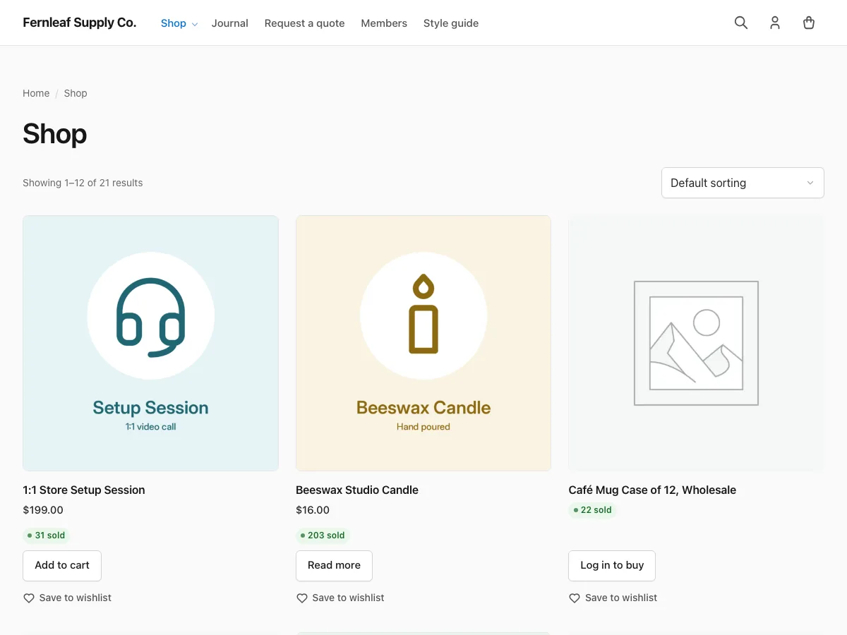 The Stackless theme shop page with product cards, sold-count badges and wishlist links
