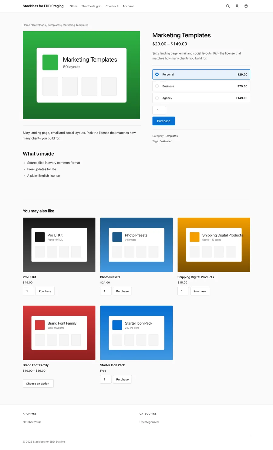 A Stackless theme product page with variation choices and a sticky summary column