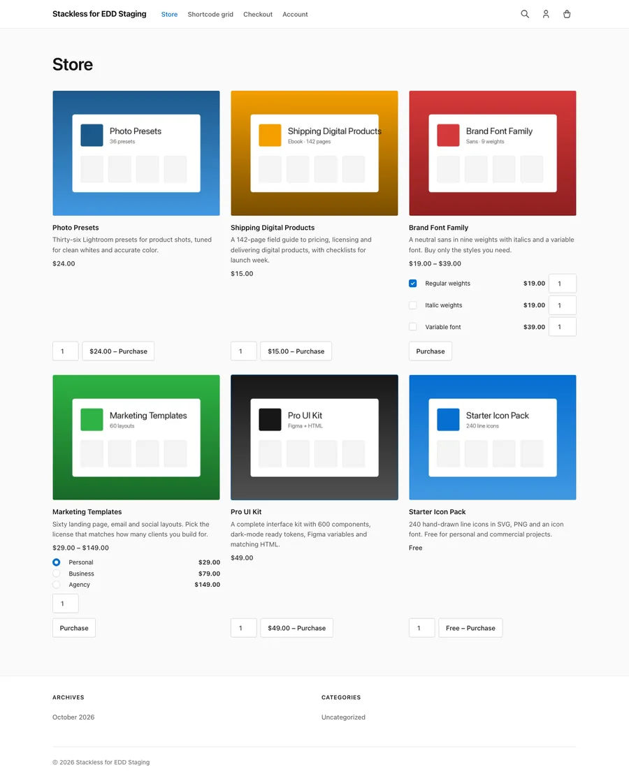 A Stackless theme store page made with product blocks
