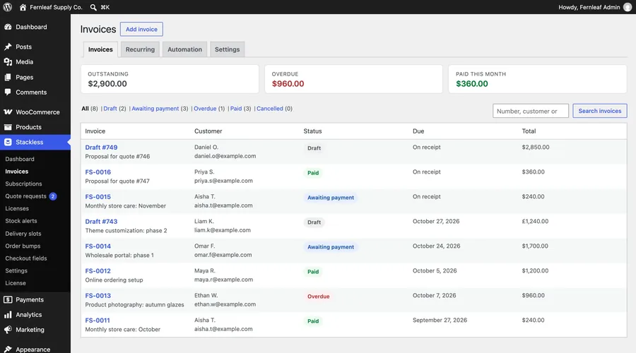 The Invoices list in Stackless with invoice numbers, customers, totals and paid status
