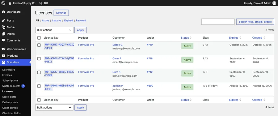The Licenses list with keys, products, activation counts and status