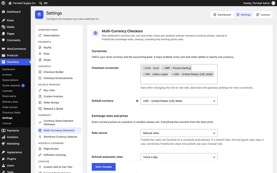 Multi-Currency Checkout settings with enabled currencies, rates and rounding rules