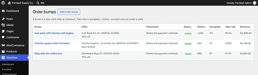 The Order Bumps list with offer names, rules and take rates